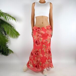 Vintage Y2K Pink Floral Fairycore Bohemian Cottagecore Low Rise Maxi Skirt / 8